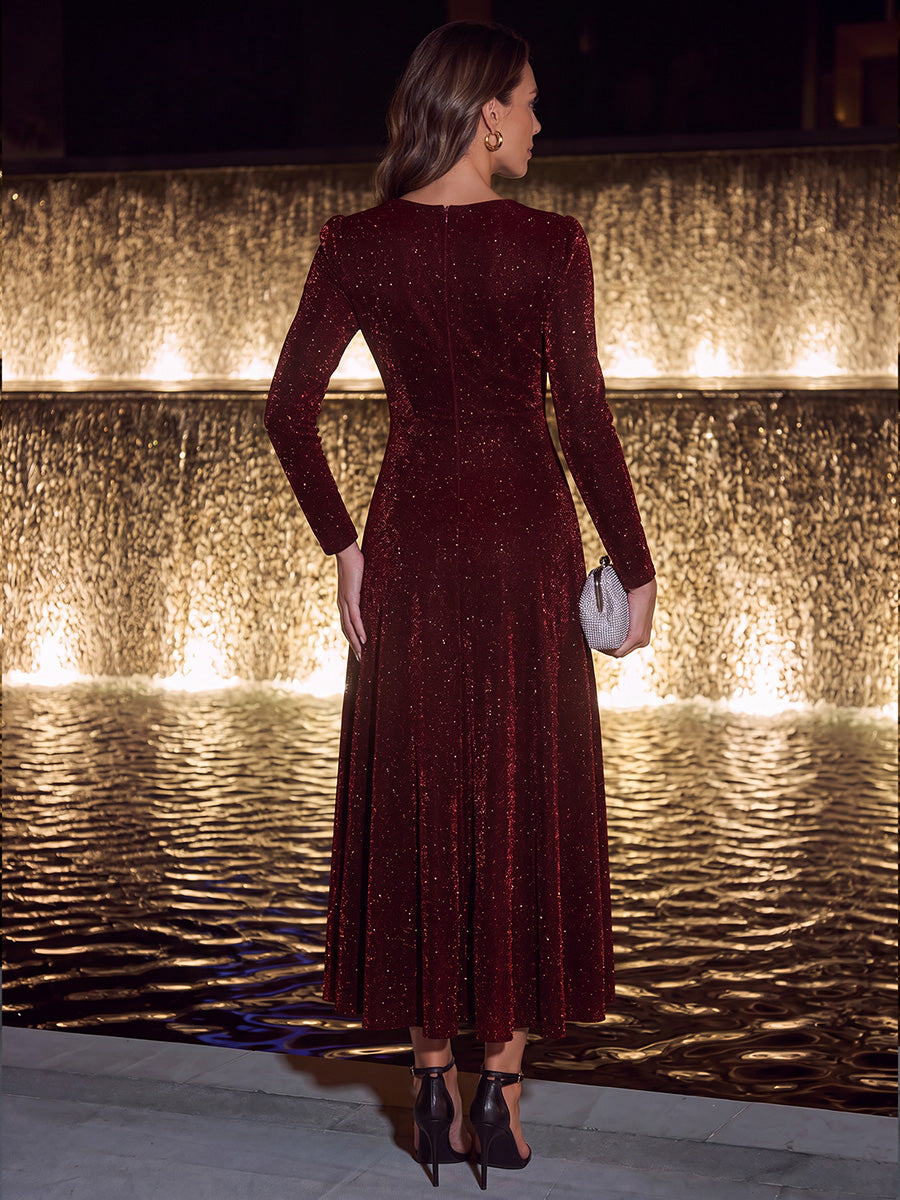 Robe longueur th¨¦ ¨¤ manches longues col crois¨¦ tr¨¨s extensible avec fermeture ¨¦clair au dos et d¨¦tail de n?ud #Couleur_Bordeaux