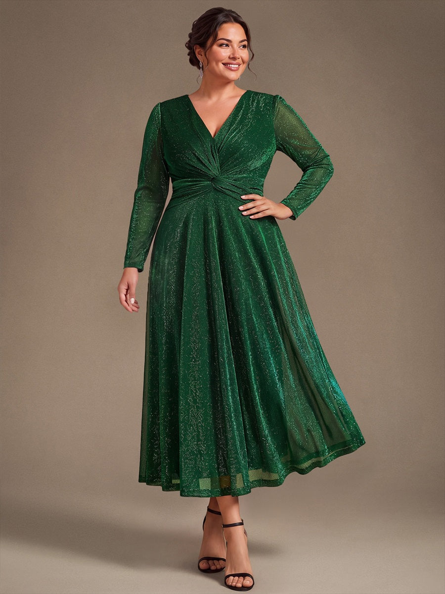 Robe longueur th¨¦ ¨¤ manches longues col crois¨¦ tr¨¨s extensible avec fermeture ¨¦clair au dos et d¨¦tail de n?ud #Couleur_Vert Fonce