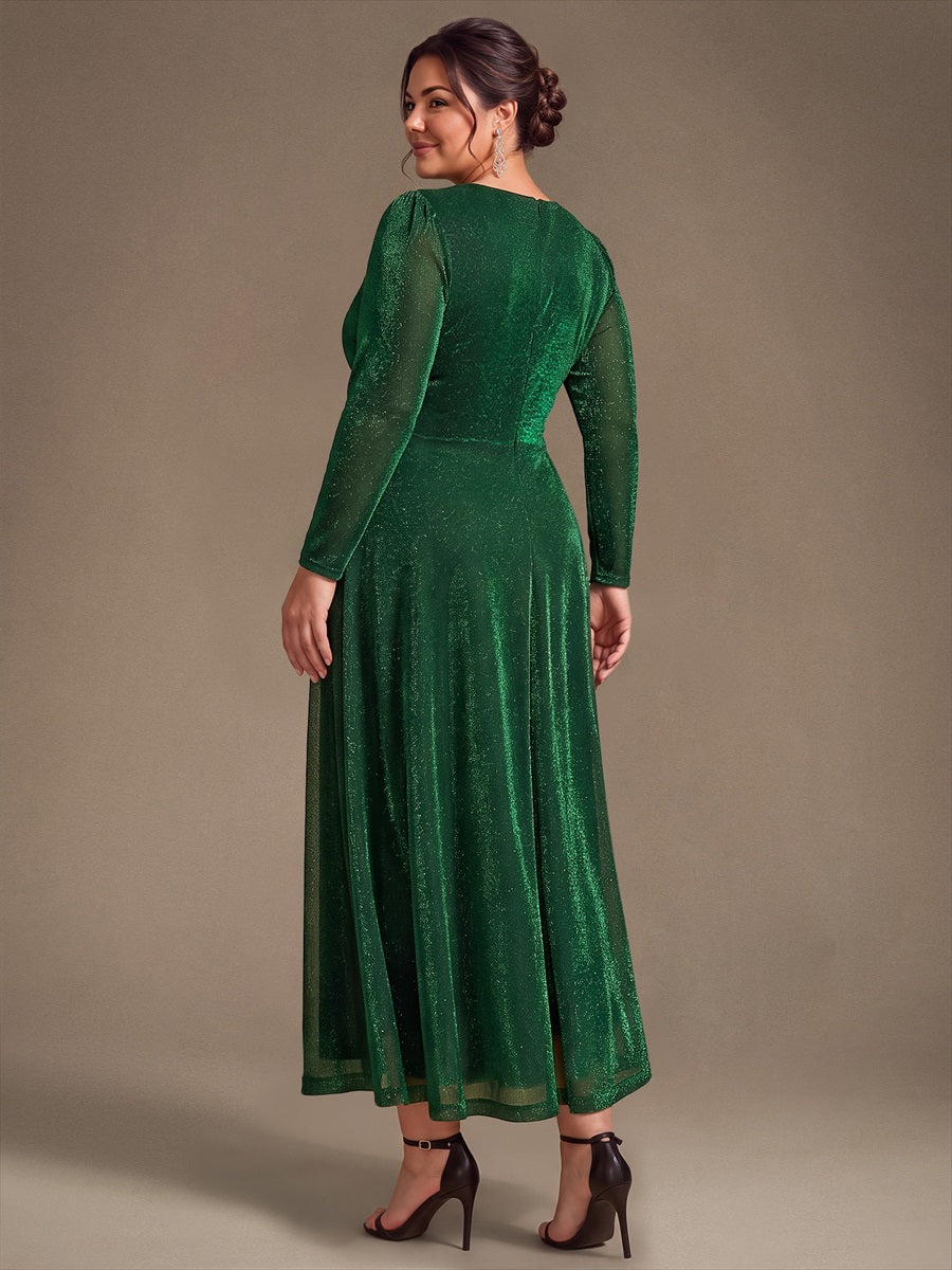 Robe longueur th¨¦ ¨¤ manches longues col crois¨¦ tr¨¨s extensible avec fermeture ¨¦clair au dos et d¨¦tail de n?ud #Couleur_Vert Fonce