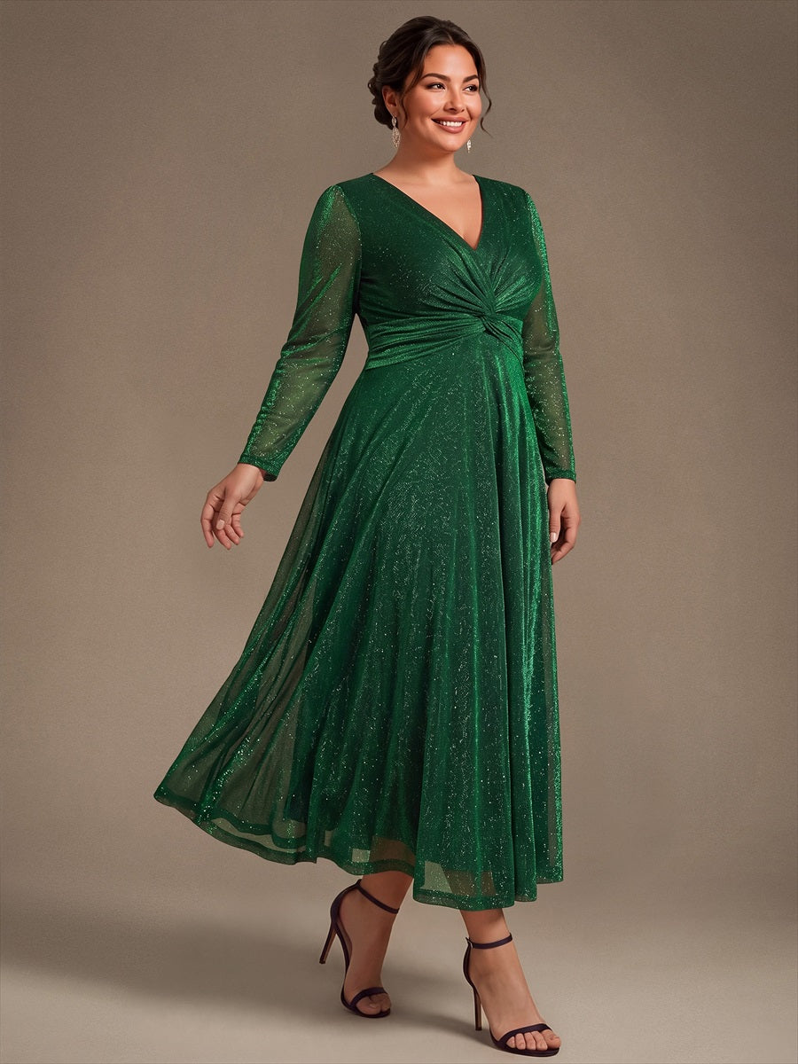 Robe longueur th¨¦ ¨¤ manches longues col crois¨¦ tr¨¨s extensible avec fermeture ¨¦clair au dos et d¨¦tail de n?ud #Couleur_Vert Fonce