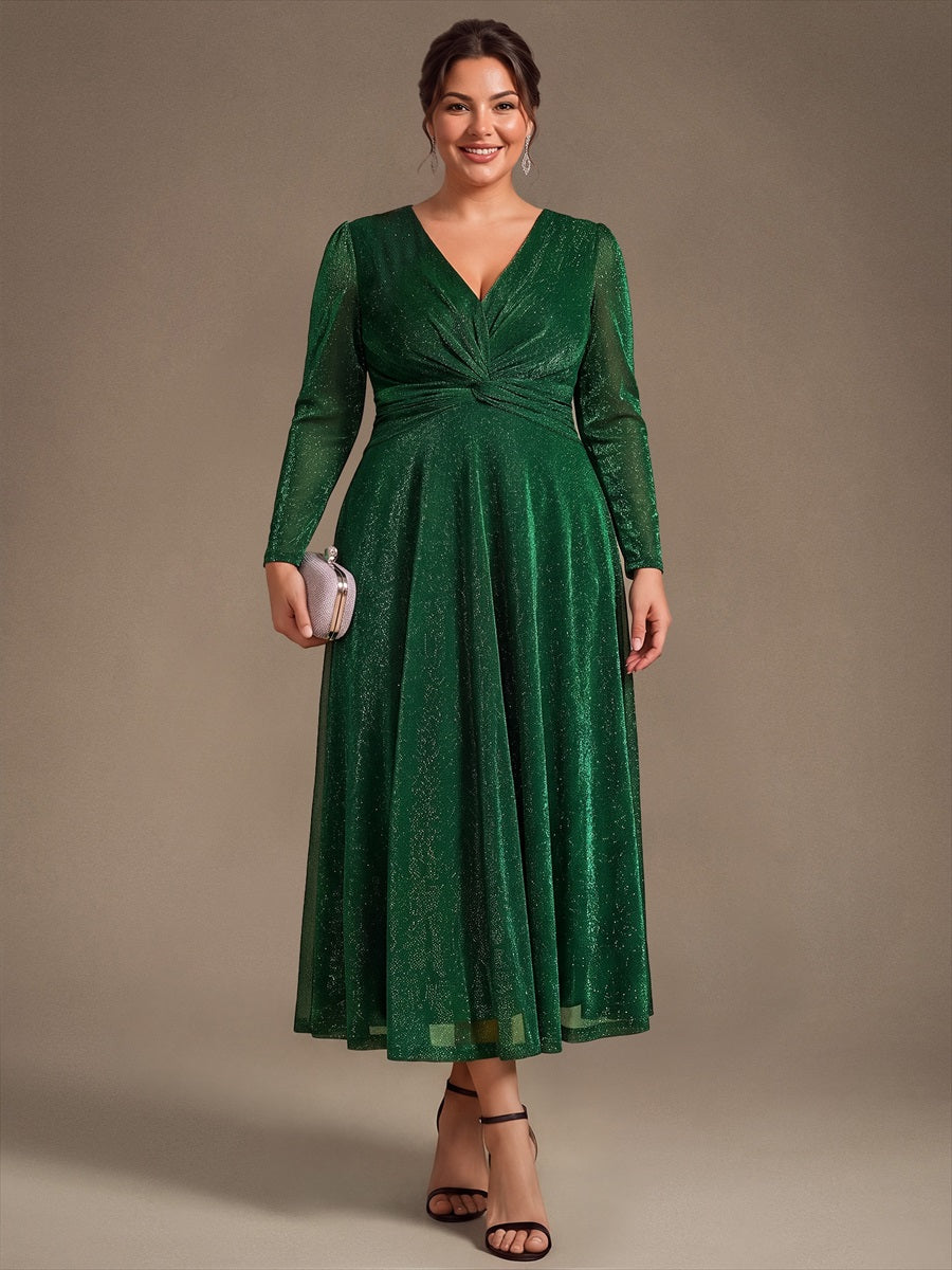 Robe longueur th¨¦ ¨¤ manches longues col crois¨¦ tr¨¨s extensible avec fermeture ¨¦clair au dos et d¨¦tail de n?ud #Couleur_Vert Fonce