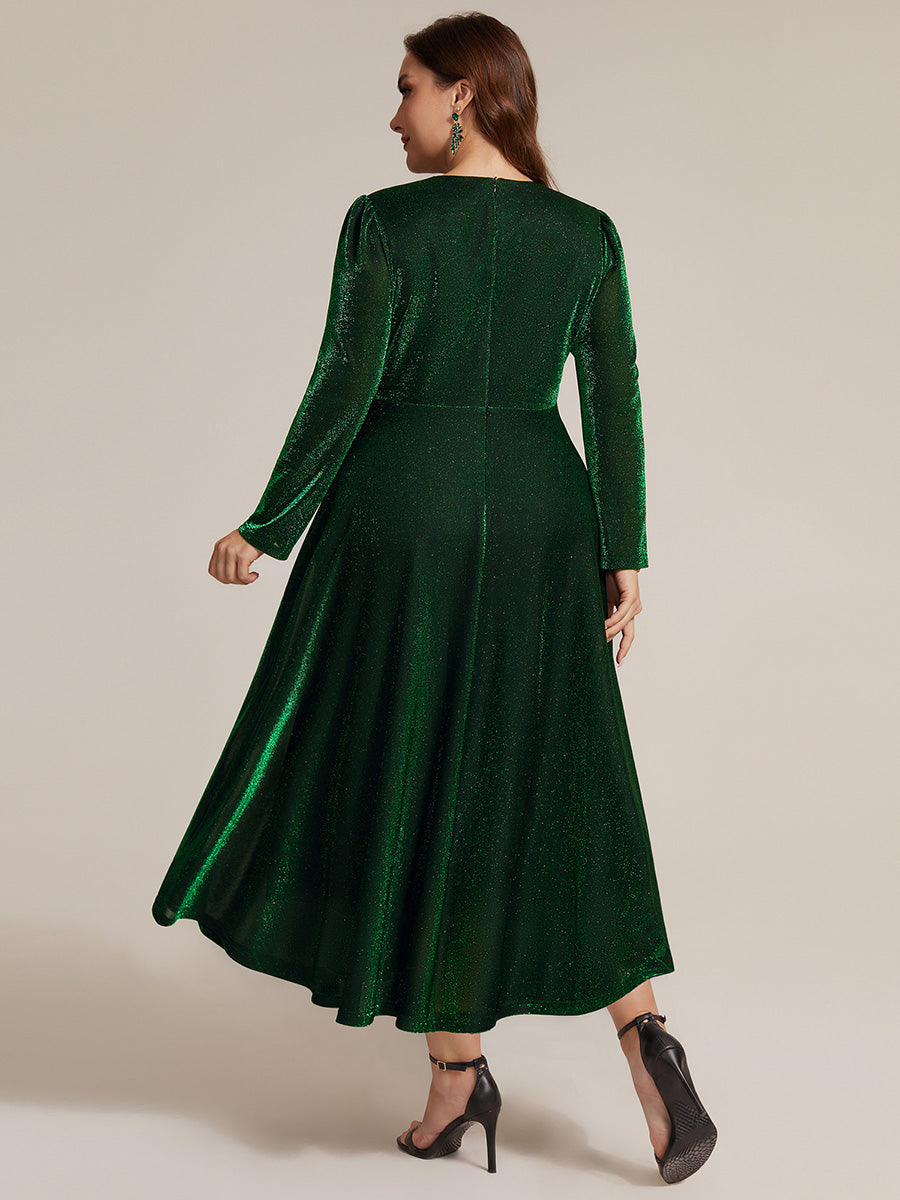 Robe longueur th¨¦ ¨¤ manches longues col crois¨¦ tr¨¨s extensible avec fermeture ¨¦clair au dos et d¨¦tail de n?ud #Couleur_Vert Fonce