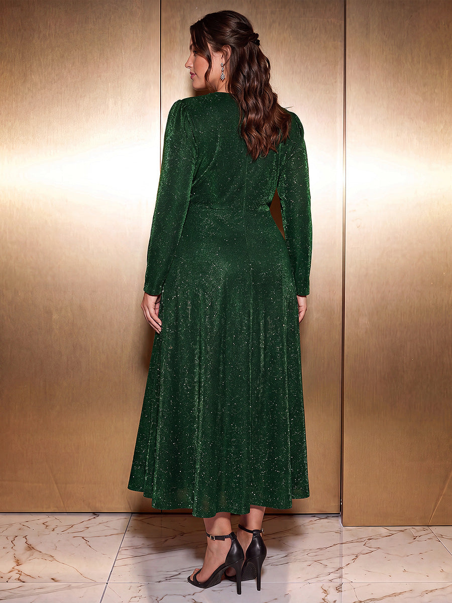 Robe longueur th¨¦ ¨¤ manches longues col crois¨¦ tr¨¨s extensible avec fermeture ¨¦clair au dos et d¨¦tail de n?ud #Couleur_Vert Fonce