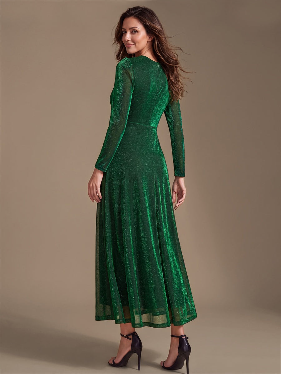 Robe longueur th¨¦ ¨¤ manches longues col crois¨¦ tr¨¨s extensible avec fermeture ¨¦clair au dos et d¨¦tail de n?ud #Couleur_Vert Fonce