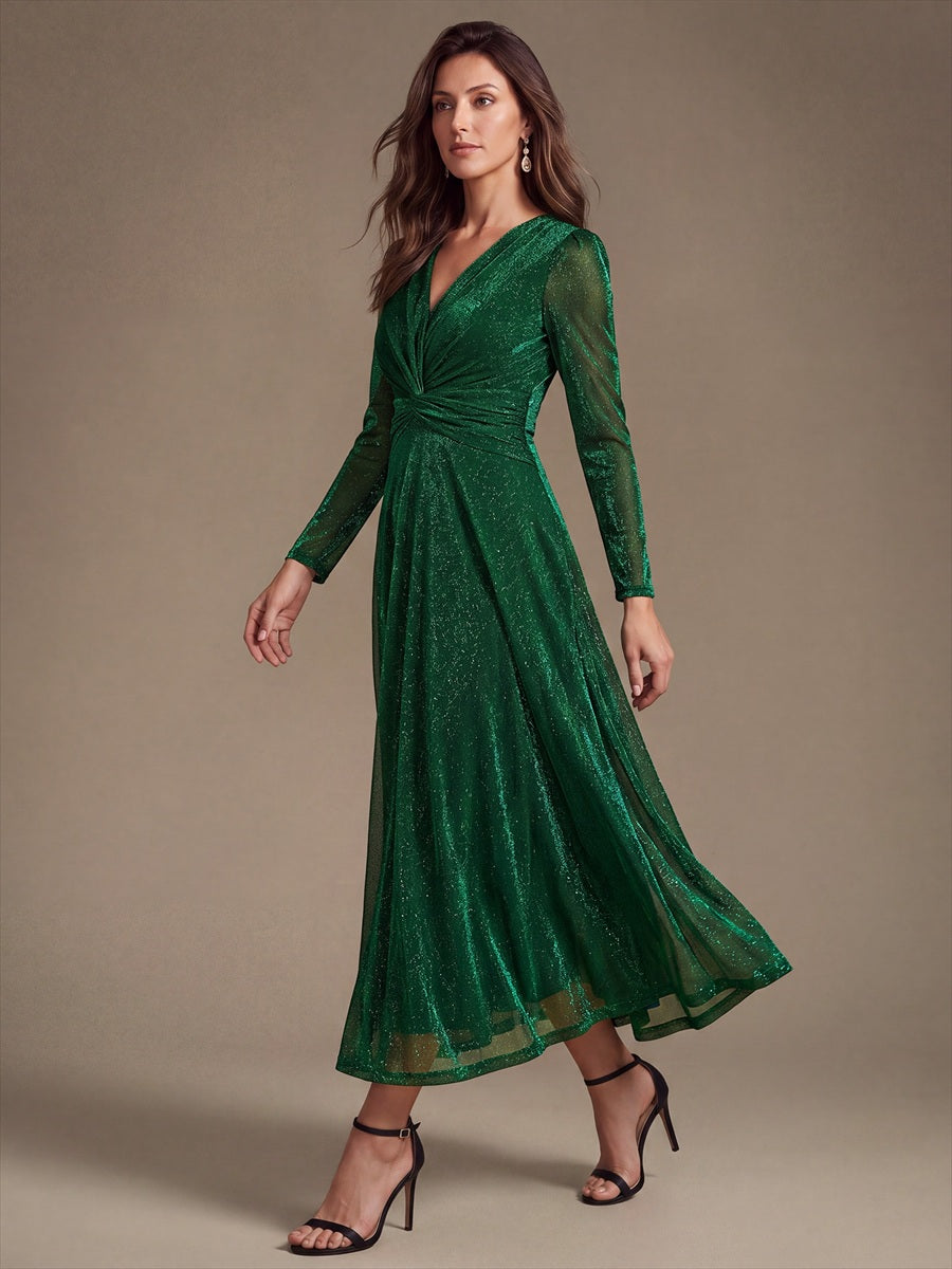 Robe longueur th¨¦ ¨¤ manches longues col crois¨¦ tr¨¨s extensible avec fermeture ¨¦clair au dos et d¨¦tail de n?ud #Couleur_Vert Fonce