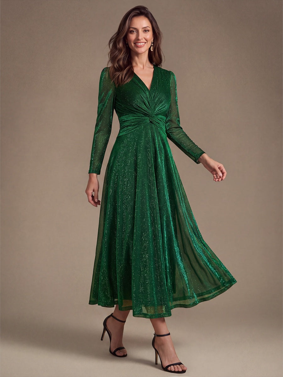 Robe longueur th¨¦ ¨¤ manches longues col crois¨¦ tr¨¨s extensible avec fermeture ¨¦clair au dos et d¨¦tail de n?ud #Couleur_Vert Fonce