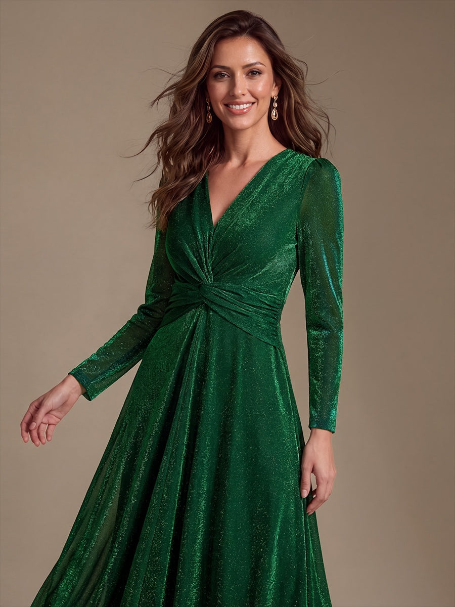 Robe longueur th¨¦ ¨¤ manches longues col crois¨¦ tr¨¨s extensible avec fermeture ¨¦clair au dos et d¨¦tail de n?ud #Couleur_Vert Fonce