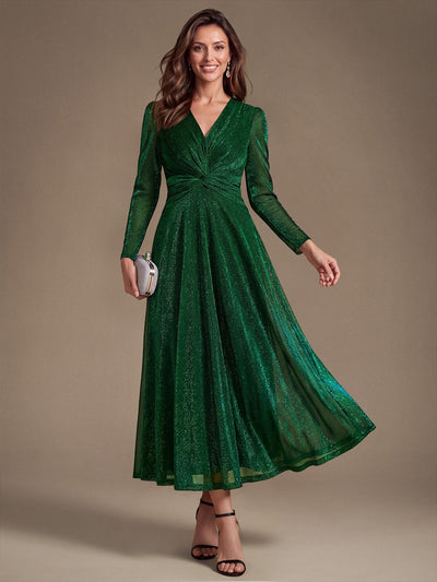 Robe midi trapèze scintillante en maille Lurex col croisé manches longues