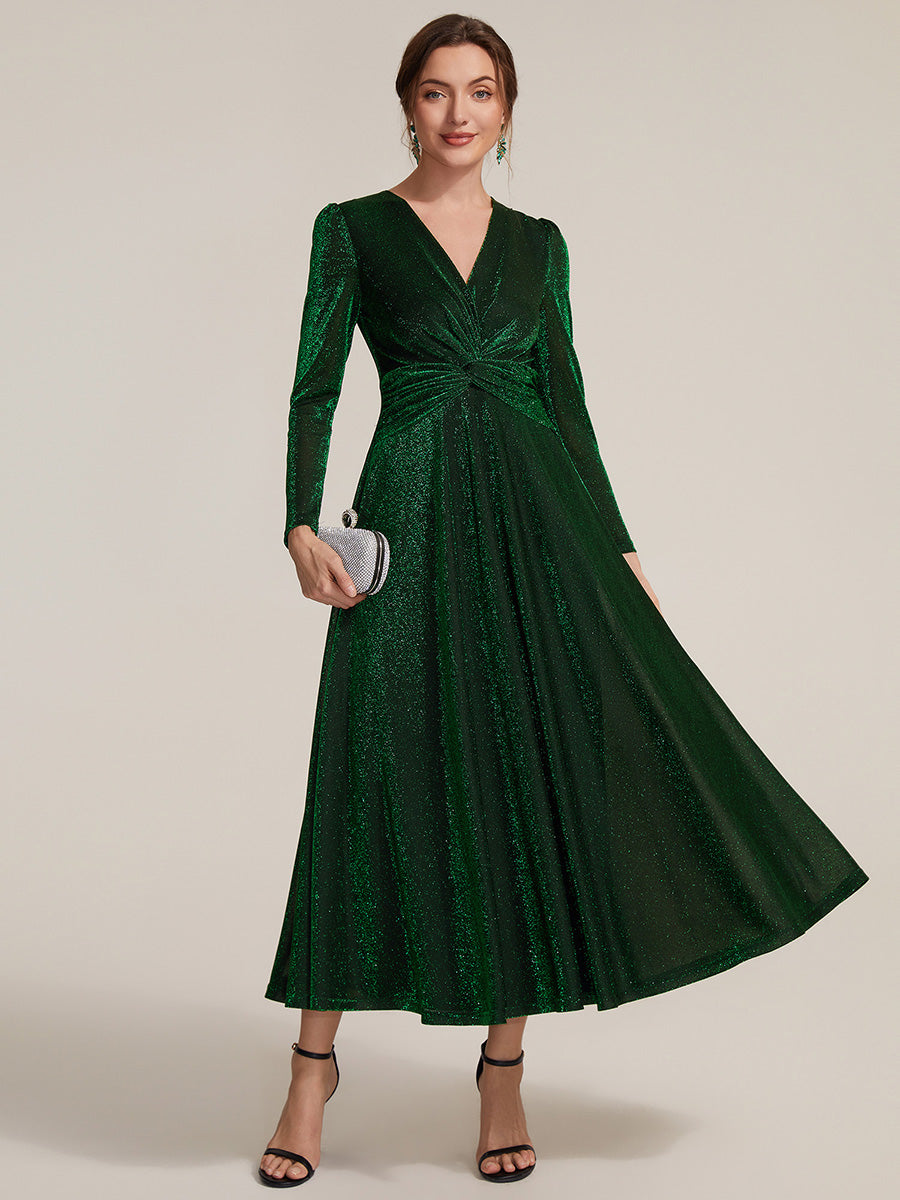 Robe longueur th¨¦ ¨¤ manches longues col crois¨¦ tr¨¨s extensible avec fermeture ¨¦clair au dos et d¨¦tail de n?ud #Couleur_Vert Fonce