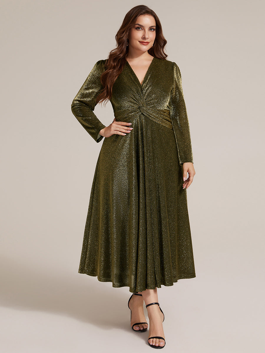 Robe longueur th¨¦ ¨¤ manches longues col crois¨¦ tr¨¨s extensible avec fermeture ¨¦clair au dos et d¨¦tail de n?ud #Couleur_Or métallique