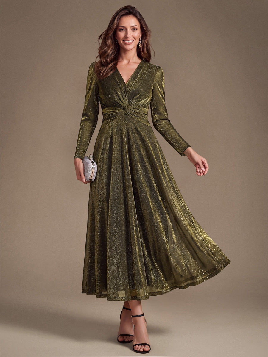 Robe longueur th¨¦ ¨¤ manches longues col crois¨¦ tr¨¨s extensible avec fermeture ¨¦clair au dos et d¨¦tail de n?ud #Couleur_Or métallique