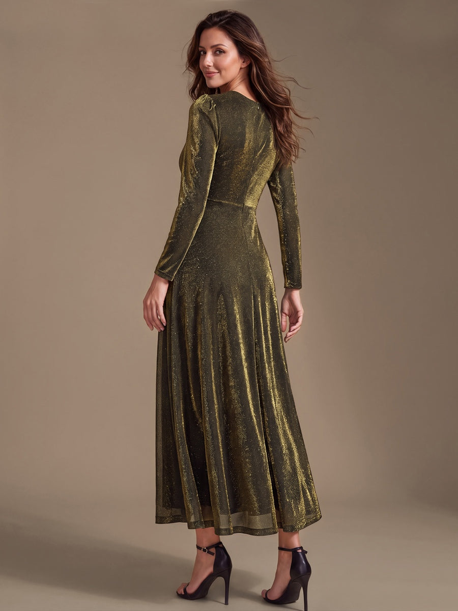 Robe longueur th¨¦ ¨¤ manches longues col crois¨¦ tr¨¨s extensible avec fermeture ¨¦clair au dos et d¨¦tail de n?ud #Couleur_Or métallique
