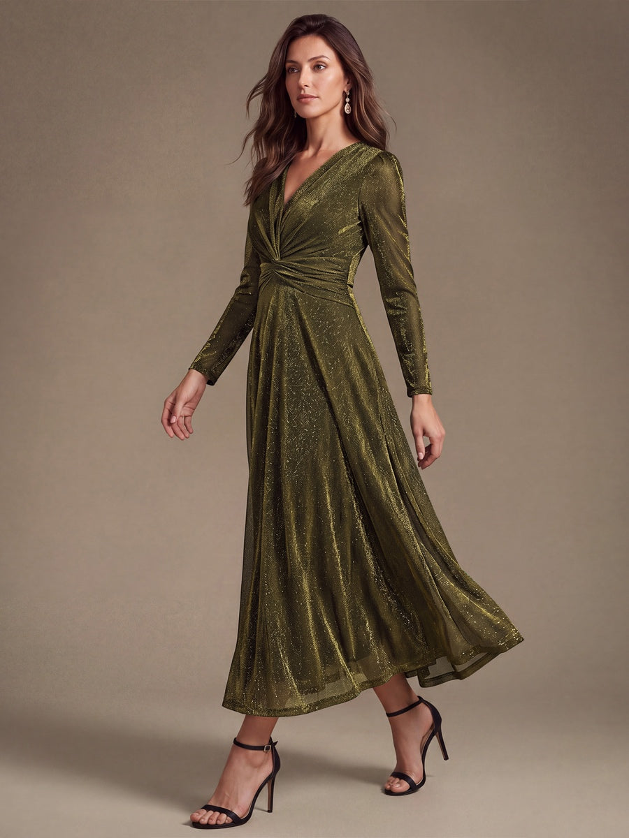 Robe longueur th¨¦ ¨¤ manches longues col crois¨¦ tr¨¨s extensible avec fermeture ¨¦clair au dos et d¨¦tail de n?ud #Couleur_Or métallique