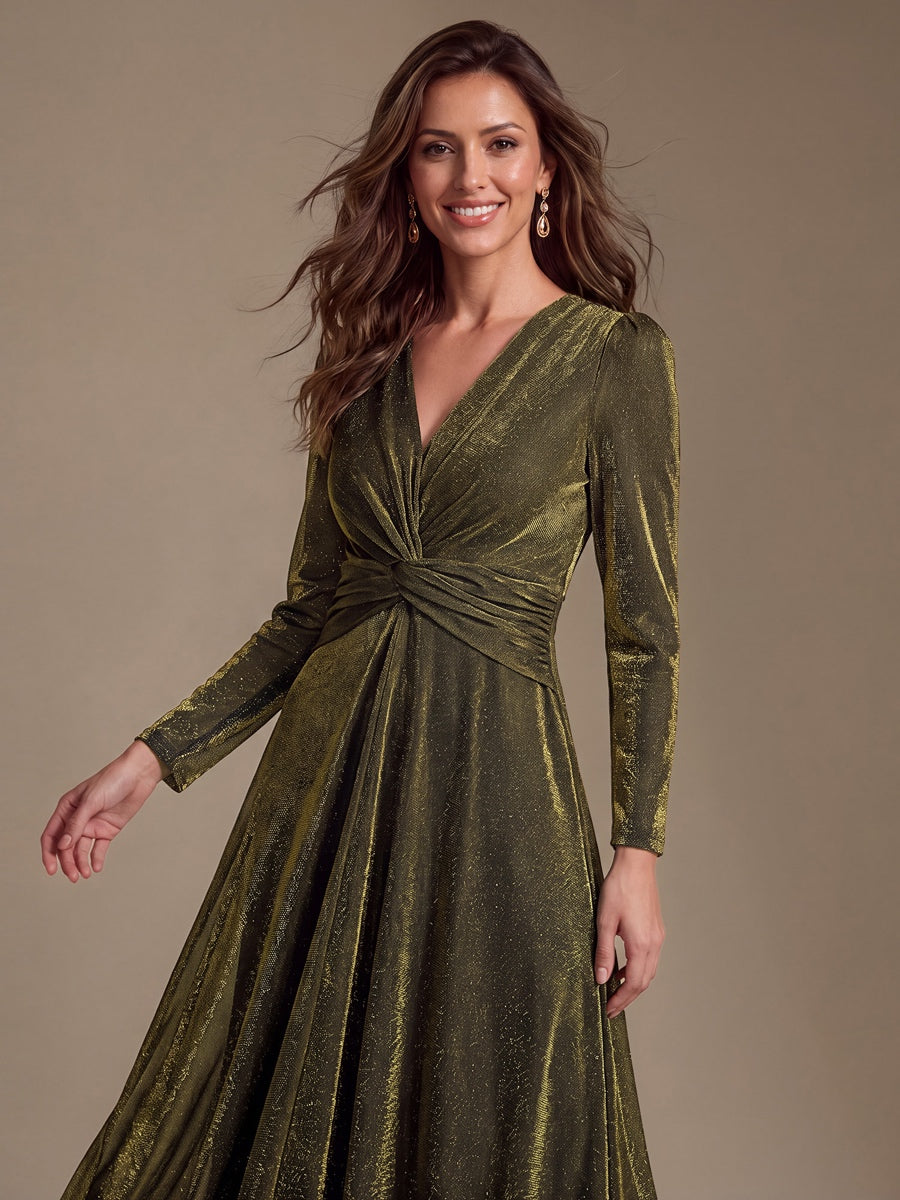 Robe longueur th¨¦ ¨¤ manches longues col crois¨¦ tr¨¨s extensible avec fermeture ¨¦clair au dos et d¨¦tail de n?ud #Couleur_Or métallique