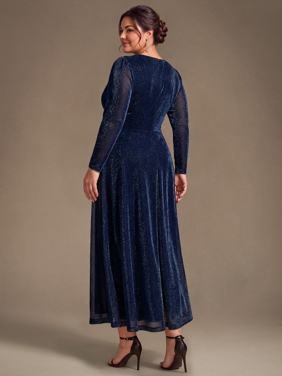 Robe longueur th¨¦ ¨¤ manches longues col crois¨¦ tr¨¨s extensible avec fermeture ¨¦clair au dos et d¨¦tail de n?ud #Couleur_Bleu Marine