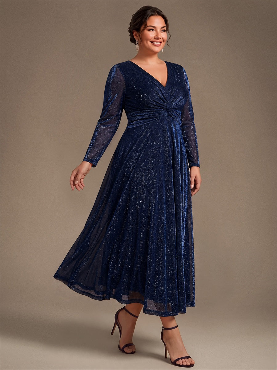 Robe longueur th¨¦ ¨¤ manches longues col crois¨¦ tr¨¨s extensible avec fermeture ¨¦clair au dos et d¨¦tail de n?ud #Couleur_Bleu Marine