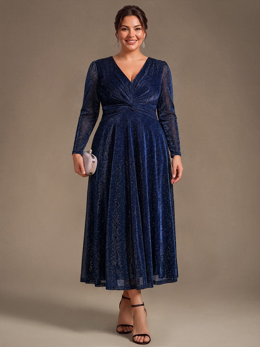 Robe longueur th¨¦ ¨¤ manches longues col crois¨¦ tr¨¨s extensible avec fermeture ¨¦clair au dos et d¨¦tail de n?ud #Couleur_Bleu Marine