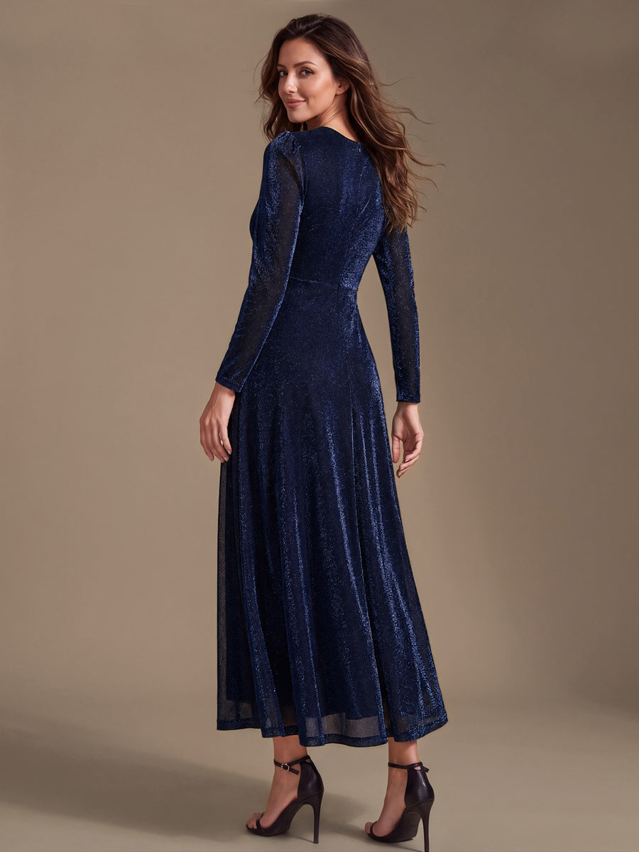 Robe longueur th¨¦ ¨¤ manches longues col crois¨¦ tr¨¨s extensible avec fermeture ¨¦clair au dos et d¨¦tail de n?ud #Couleur_Bleu Marine