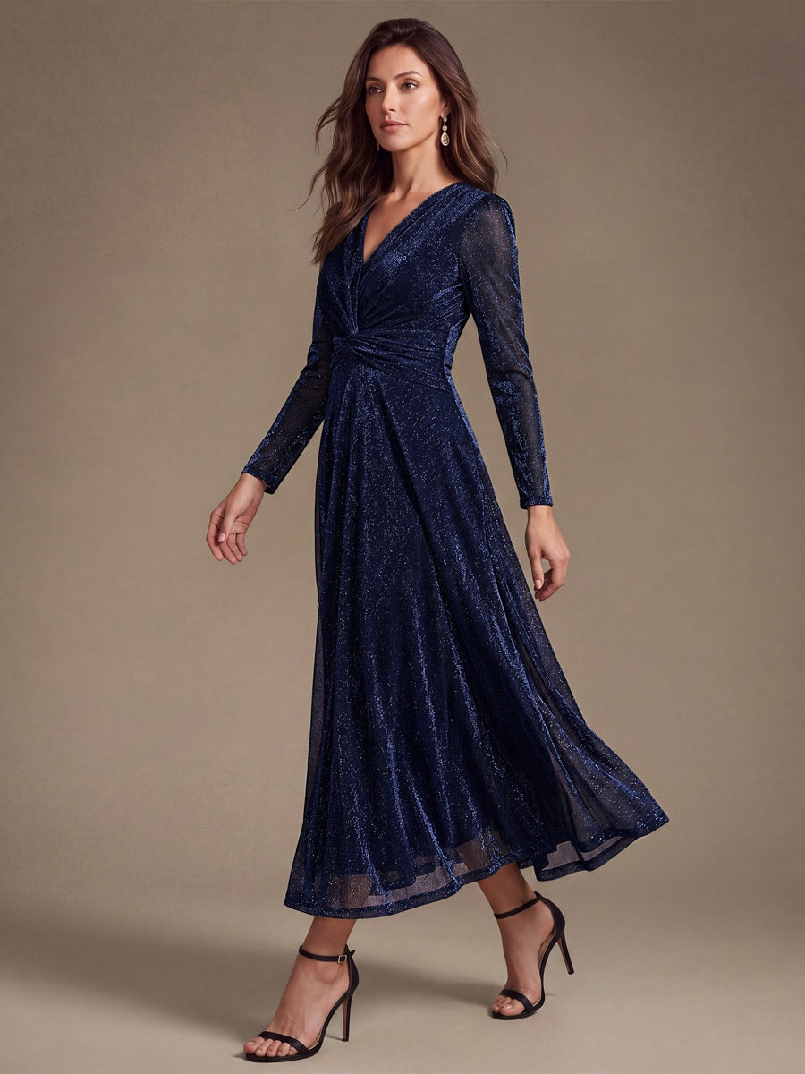 Robe longueur th¨¦ ¨¤ manches longues col crois¨¦ tr¨¨s extensible avec fermeture ¨¦clair au dos et d¨¦tail de n?ud #Couleur_Bleu Marine