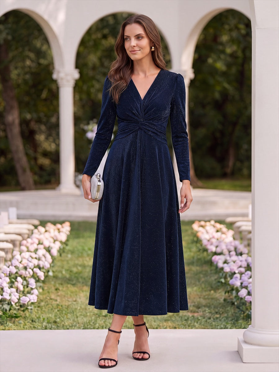 Robe longueur th¨¦ ¨¤ manches longues col crois¨¦ tr¨¨s extensible avec fermeture ¨¦clair au dos et d¨¦tail de n?ud #Couleur_Bleu Marine