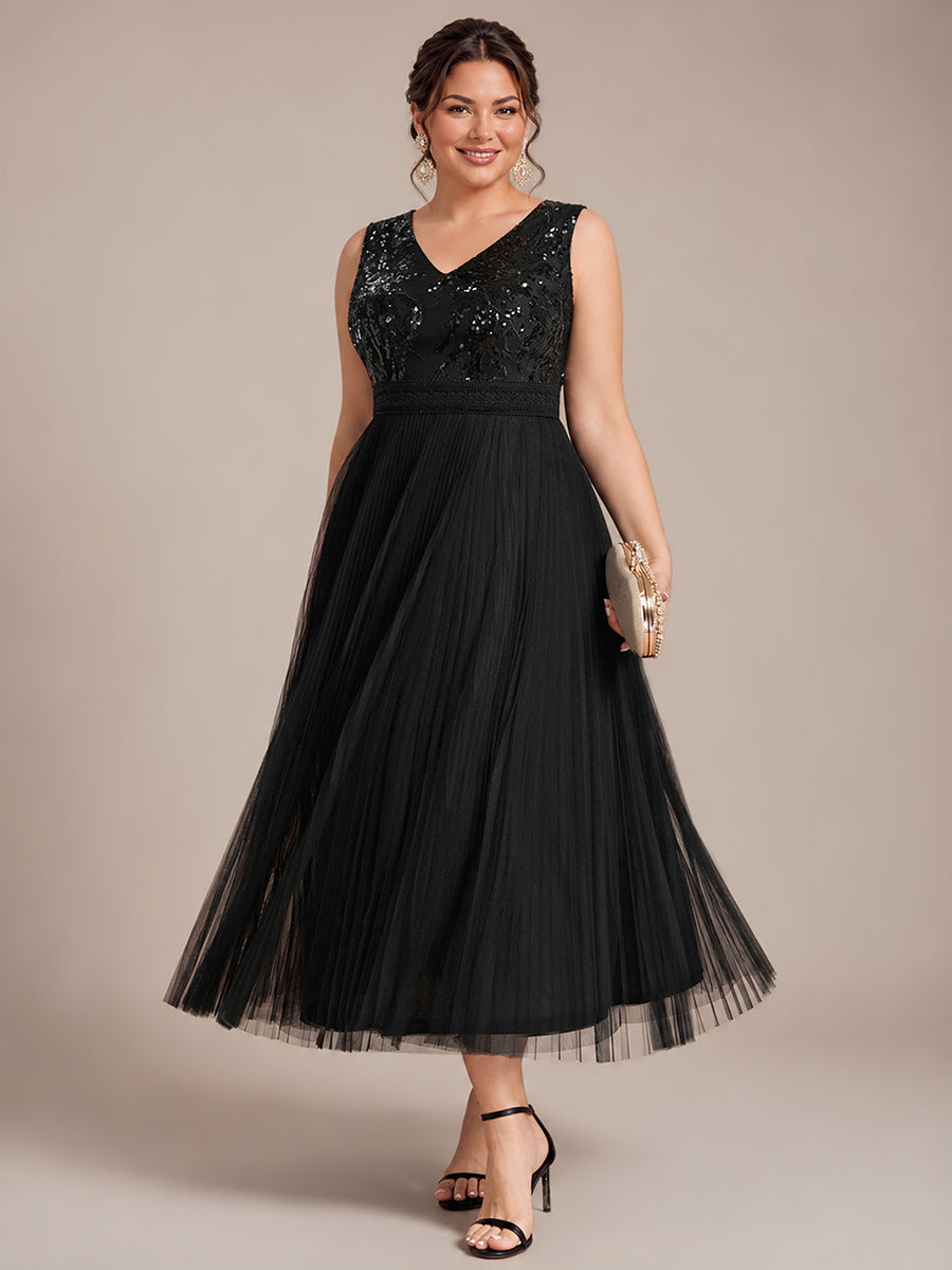 Robe A-Line sans manches en sequins avec décolleté en V et fermeture éclair au dos #Couleur_Noir