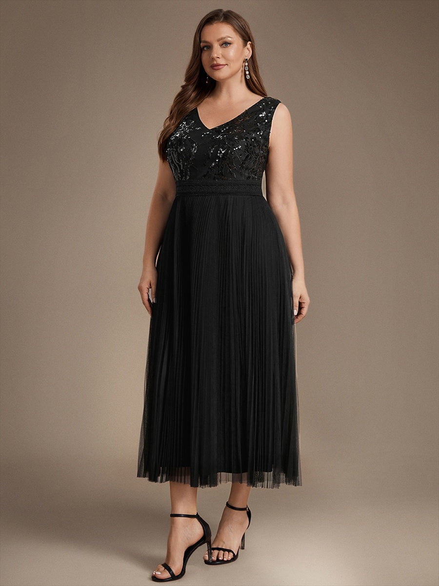 Robe A-Line sans manches en sequins avec décolleté en V et fermeture éclair au dos #Couleur_Noir