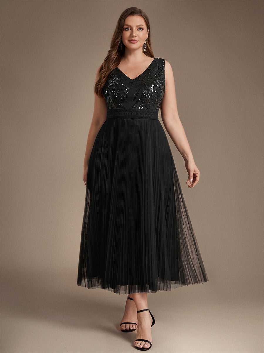 Robe A-Line sans manches en sequins avec décolleté en V et fermeture éclair au dos #Couleur_Noir