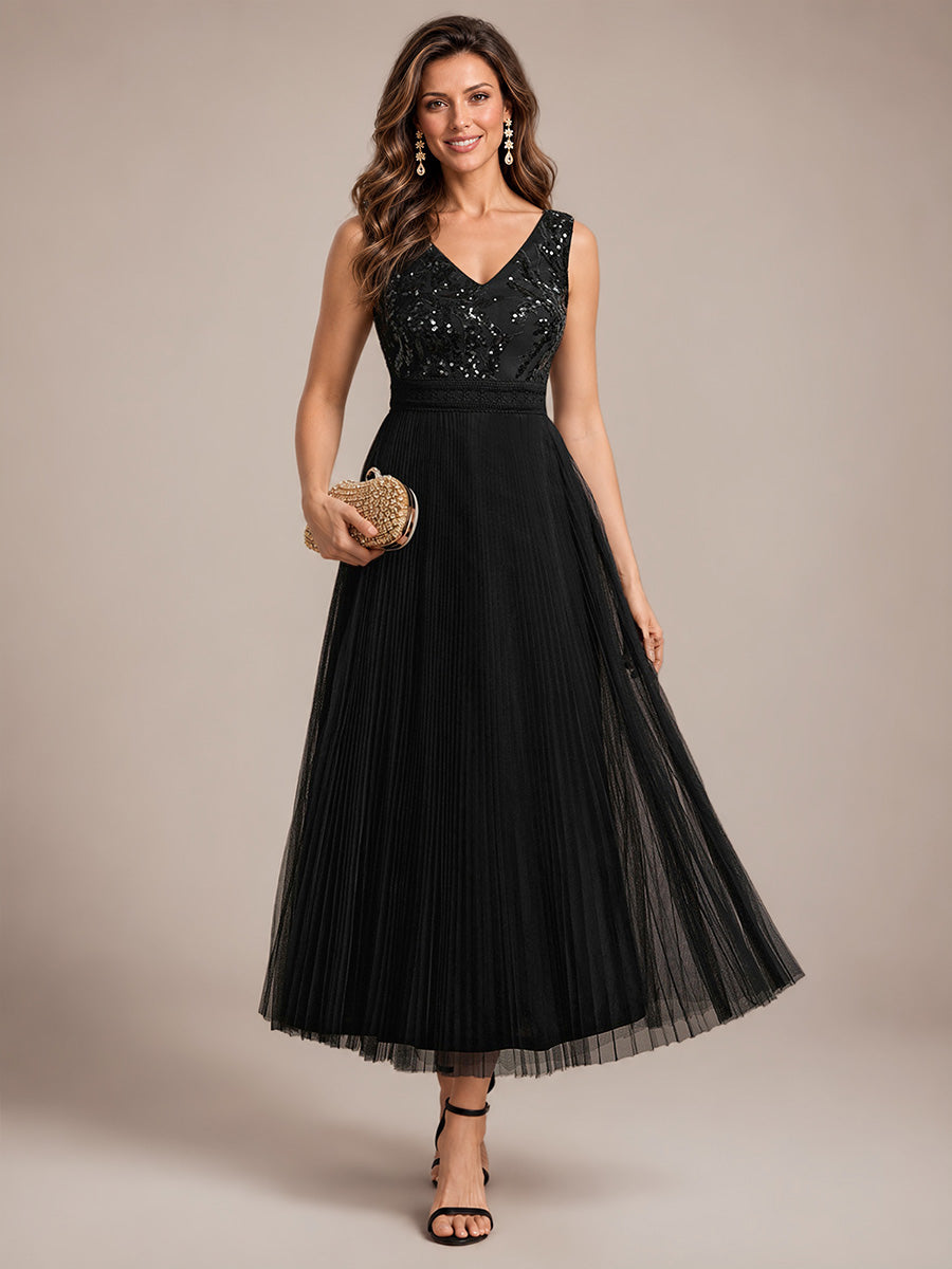 Robe A-Line sans manches en sequins avec décolleté en V et fermeture éclair au dos #Couleur_Noir