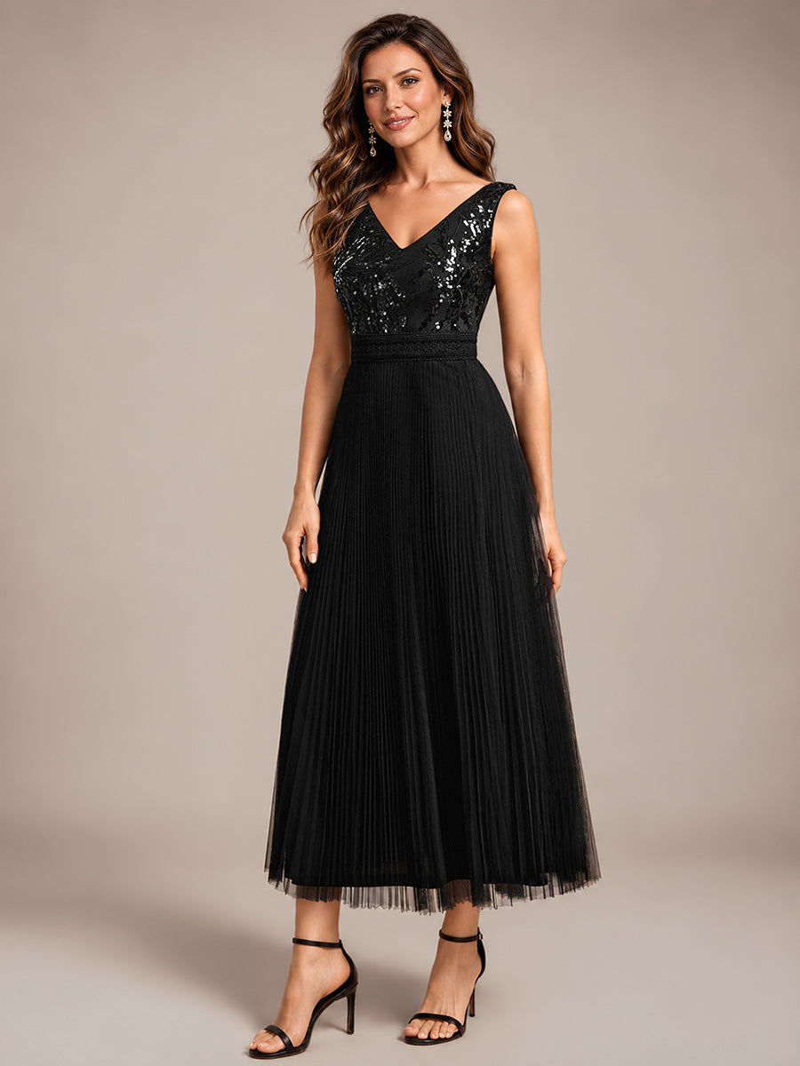 Robe A-Line sans manches en sequins avec décolleté en V et fermeture éclair au dos #Couleur_Noir