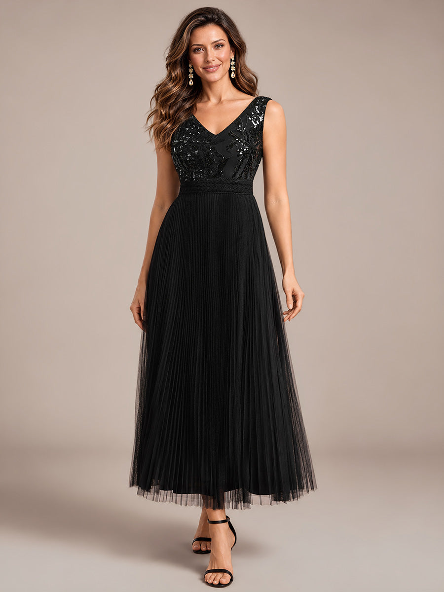Robe A-Line sans manches en sequins avec décolleté en V et fermeture éclair au dos #Couleur_Noir