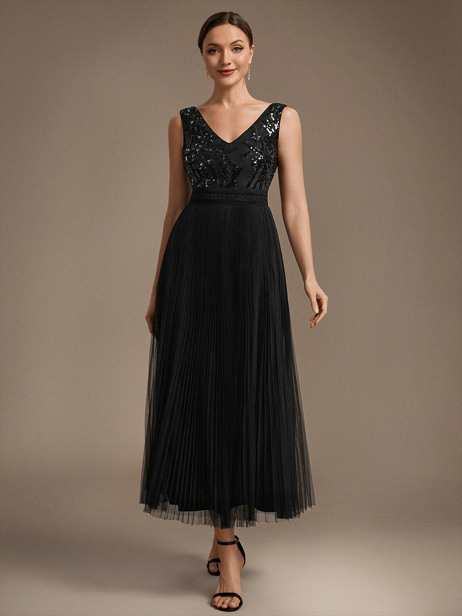 Robe A-Line sans manches en sequins avec décolleté en V et fermeture éclair au dos #Couleur_Noir