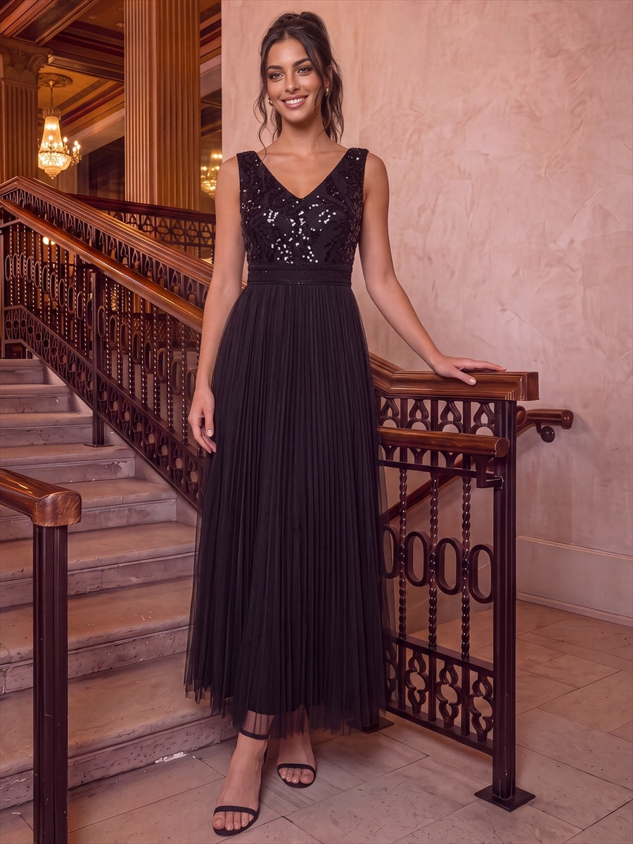 Robe A-Line sans manches en sequins avec décolleté en V et fermeture éclair au dos #Couleur_Noir