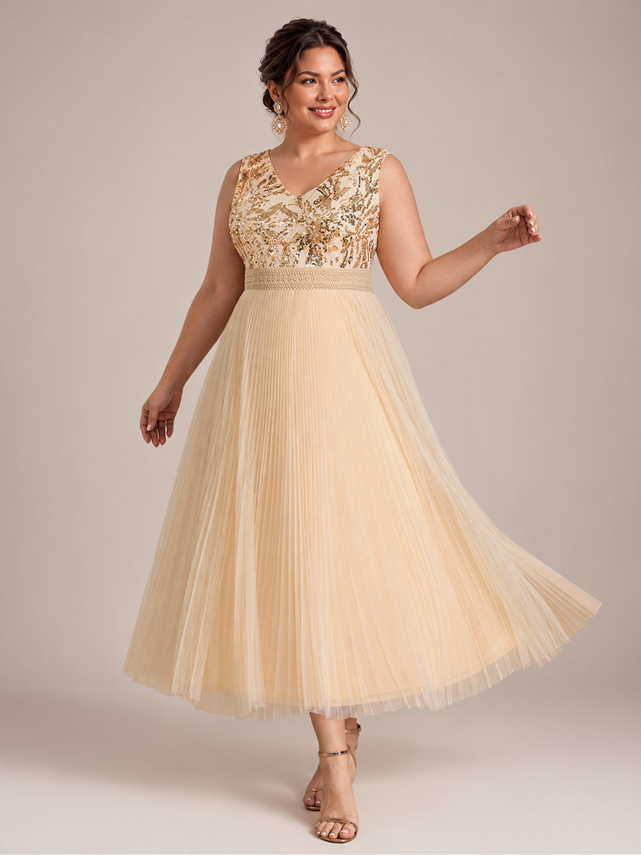 Robe A-Line sans manches en sequins avec décolleté en V et fermeture éclair au dos #Couleur_Dorée