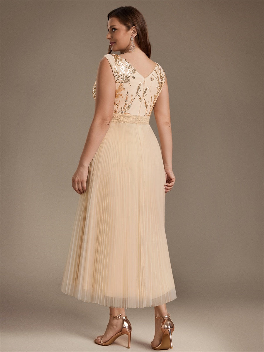 Robe A-Line sans manches en sequins avec décolleté en V et fermeture éclair au dos #Couleur_Dorée