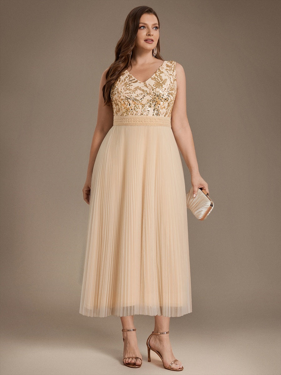 Robe A-Line sans manches en sequins avec décolleté en V et fermeture éclair au dos #Couleur_Dorée