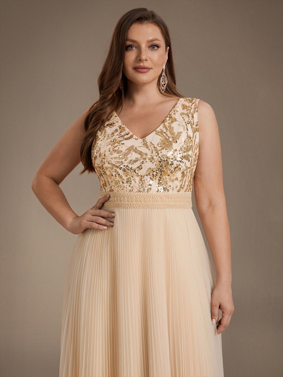 Robe A-Line sans manches en sequins avec décolleté en V et fermeture éclair au dos #Couleur_Dorée