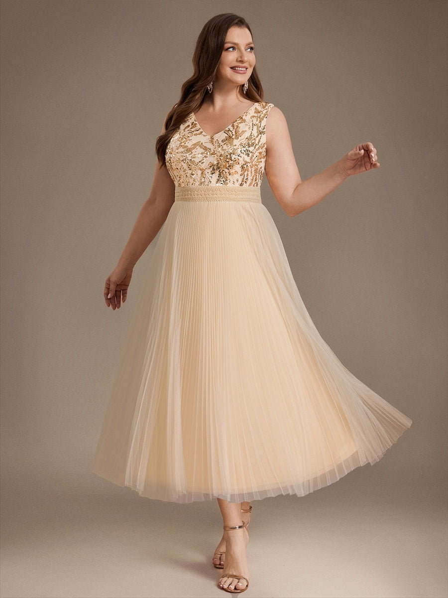 Robe A-Line sans manches en sequins avec décolleté en V et fermeture éclair au dos #Couleur_Dorée