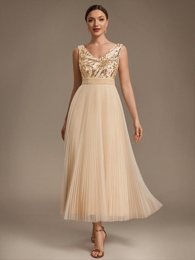 Robe longue en tulle à paillettes avec col V et bordure en dentelle