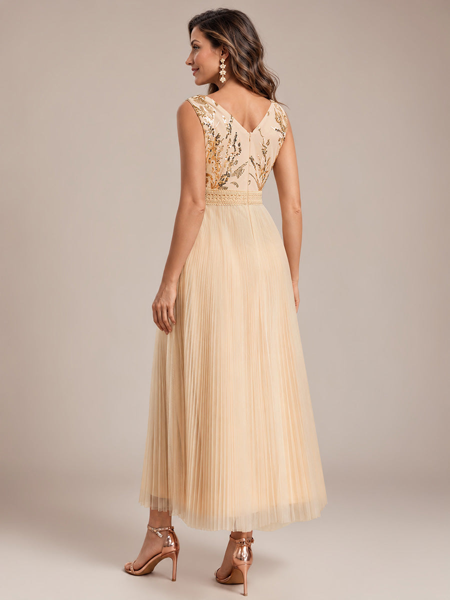 Robe A-Line sans manches en sequins avec décolleté en V et fermeture éclair au dos #Couleur_Dorée