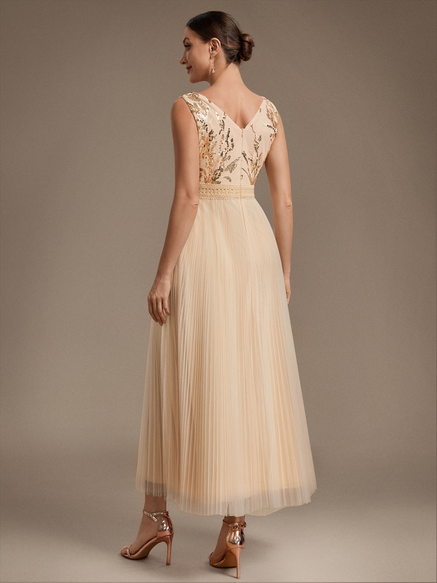 Robe A-Line sans manches en sequins avec décolleté en V et fermeture éclair au dos #Couleur_Dorée