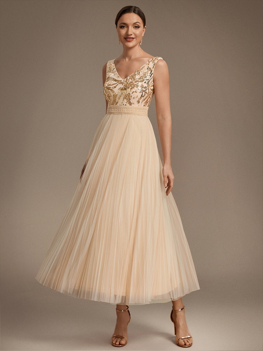Robe A-Line sans manches en sequins avec décolleté en V et fermeture éclair au dos #Couleur_Dorée