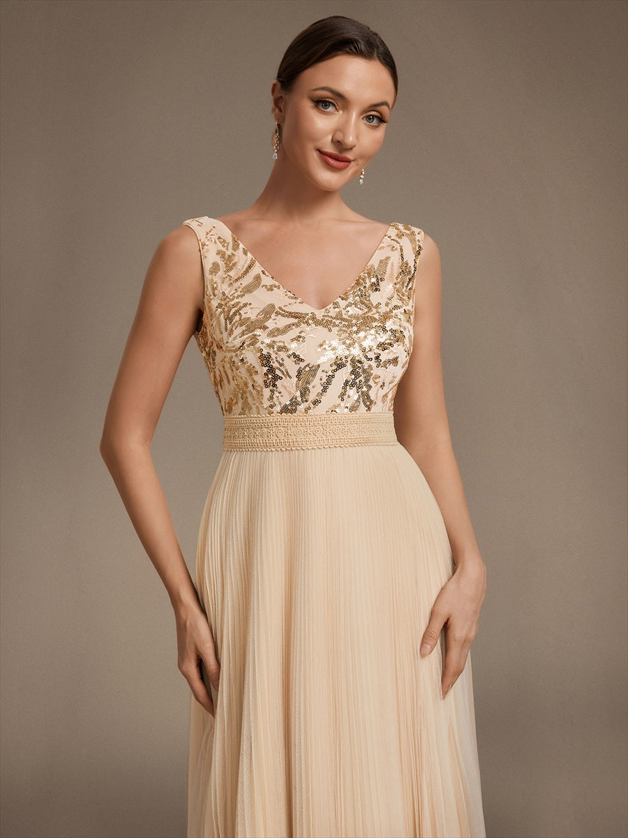 Robe A-Line sans manches en sequins avec décolleté en V et fermeture éclair au dos #Couleur_Dorée