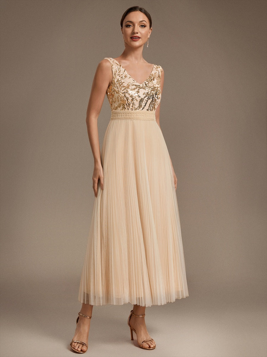 Robe A-Line sans manches en sequins avec décolleté en V et fermeture éclair au dos #Couleur_Dorée