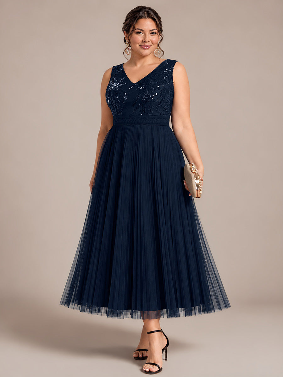 Robe A-Line sans manches en sequins avec décolleté en V et fermeture éclair au dos #Couleur_Bleu Marine