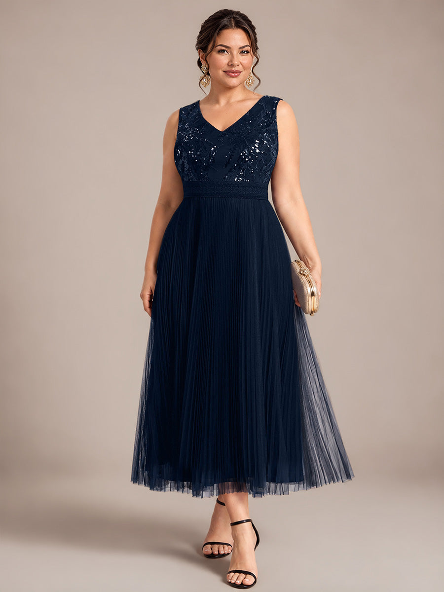 Robe A-Line sans manches en sequins avec décolleté en V et fermeture éclair au dos #Couleur_Bleu Marine