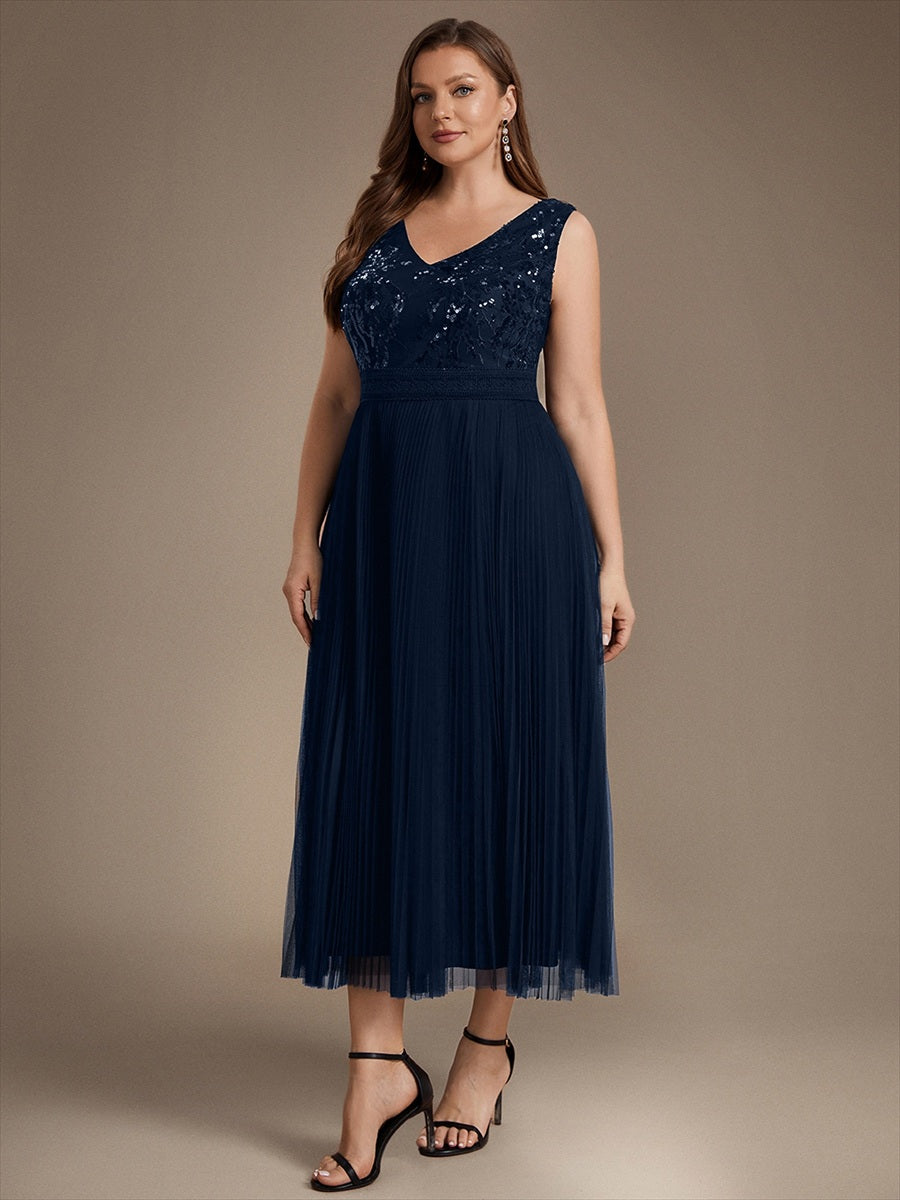 Robe A-Line sans manches en sequins avec décolleté en V et fermeture éclair au dos #Couleur_Bleu Marine