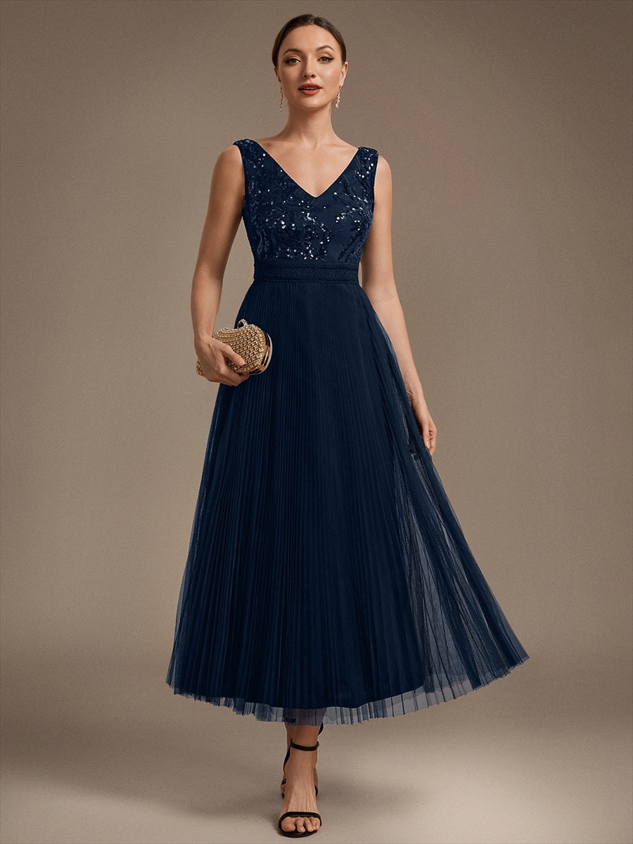Robe A-Line sans manches en sequins avec décolleté en V et fermeture éclair au dos #Couleur_Bleu Marine