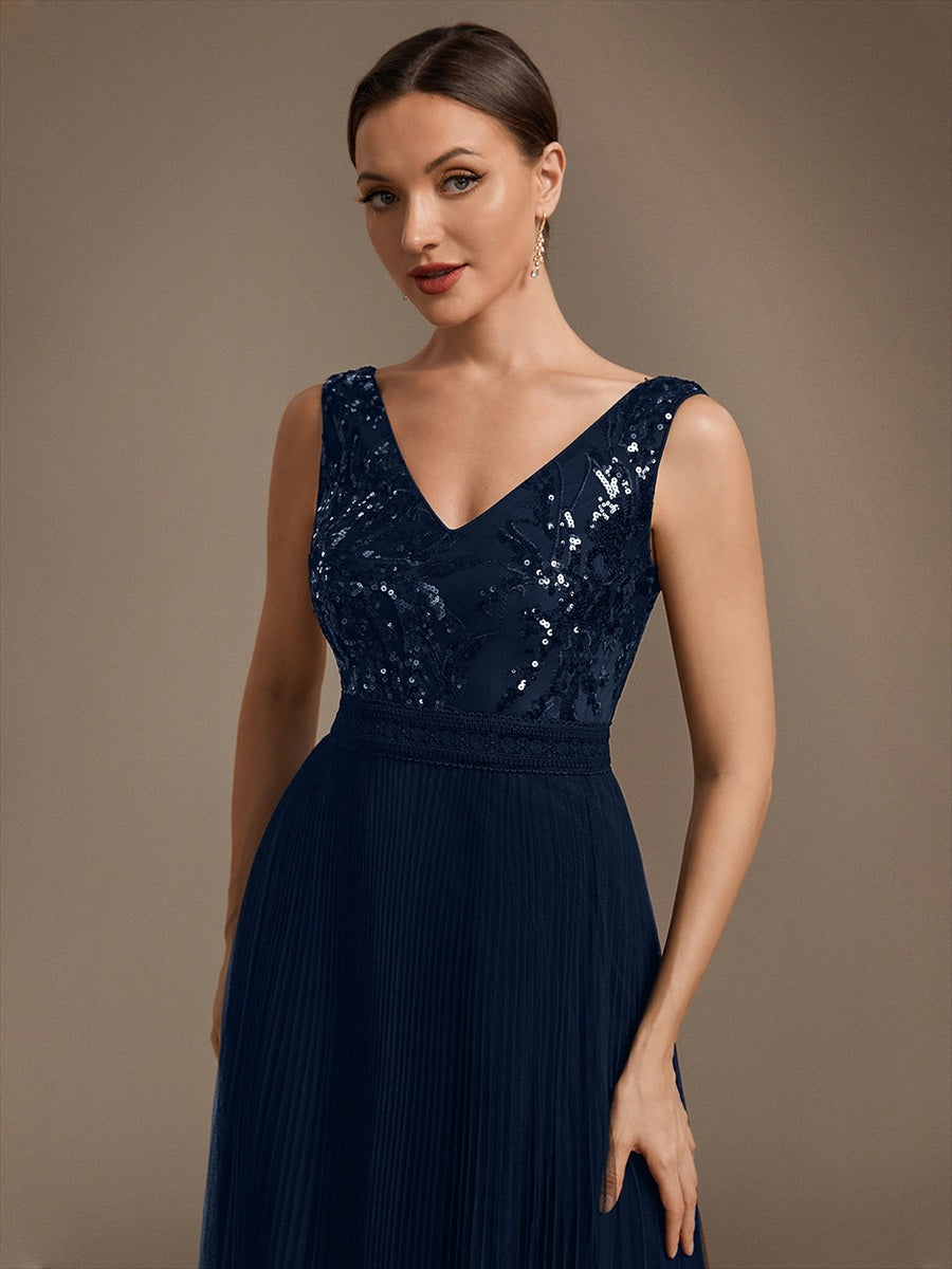Robe A-Line sans manches en sequins avec décolleté en V et fermeture éclair au dos #Couleur_Bleu Marine