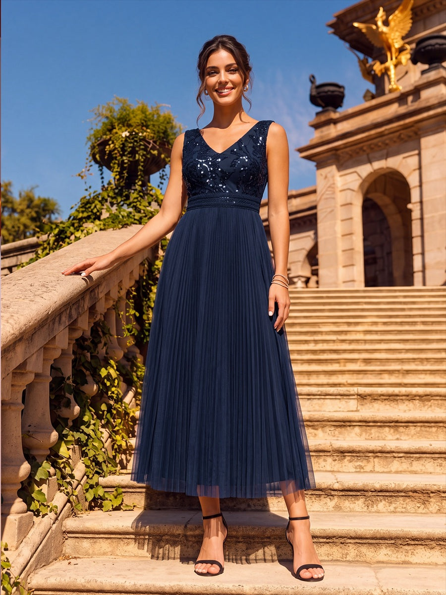 Robe A-Line sans manches en sequins avec décolleté en V et fermeture éclair au dos #Couleur_Bleu Marine