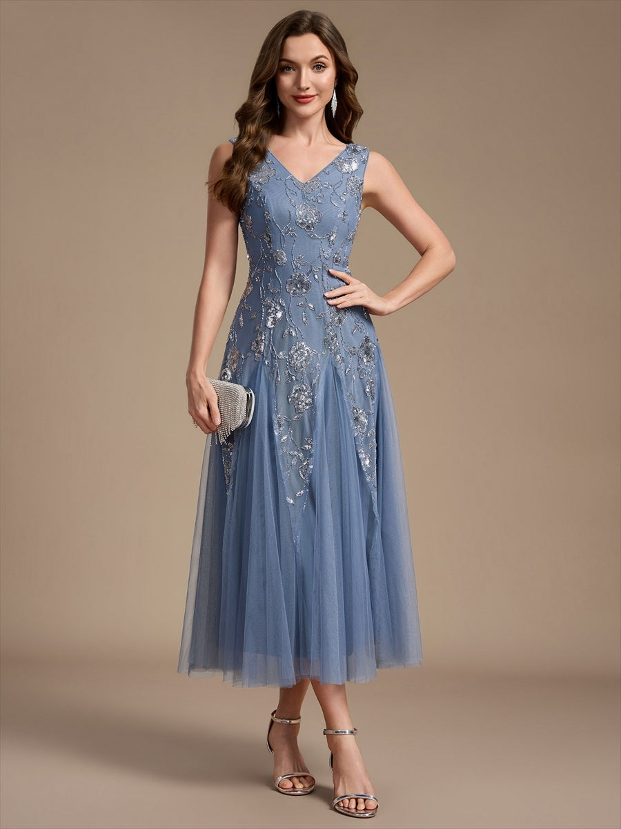 Sequins Col V Sans manches,. Non extensible robe mariage invitée #Couleur_Marine Fume